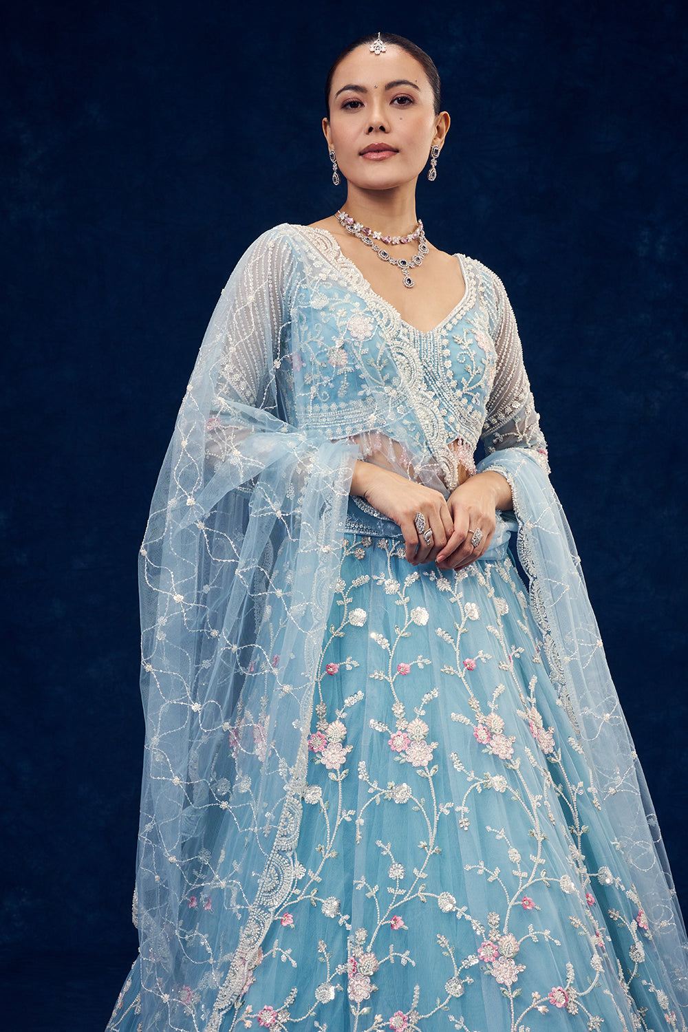 Sky Blue Net Lehenga with Cutdana and Resham Hand Work