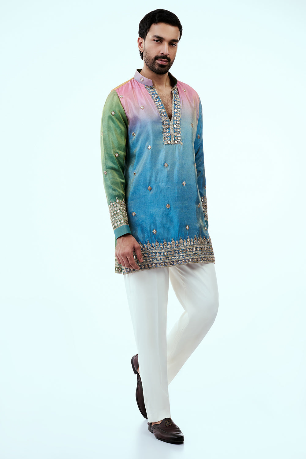 Sky Blue Ombre Shimmer Tissue Mens Kurta Set with Zardosi and Mirror Work