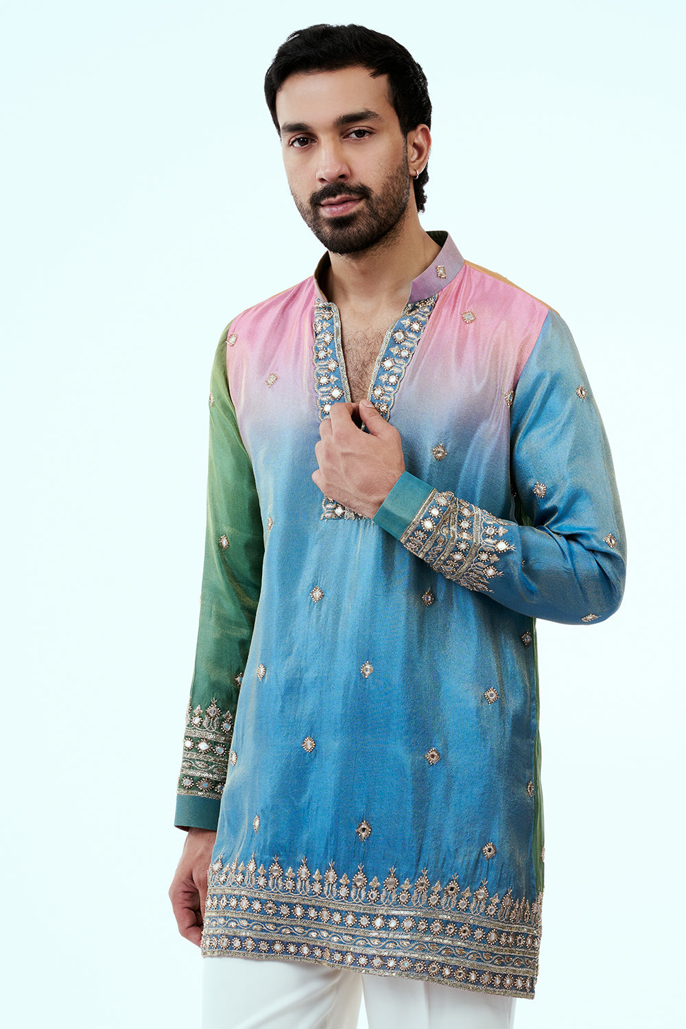 Sky Blue Ombre Shimmer Tissue Mens Kurta Set with Zardosi and Mirror Work
