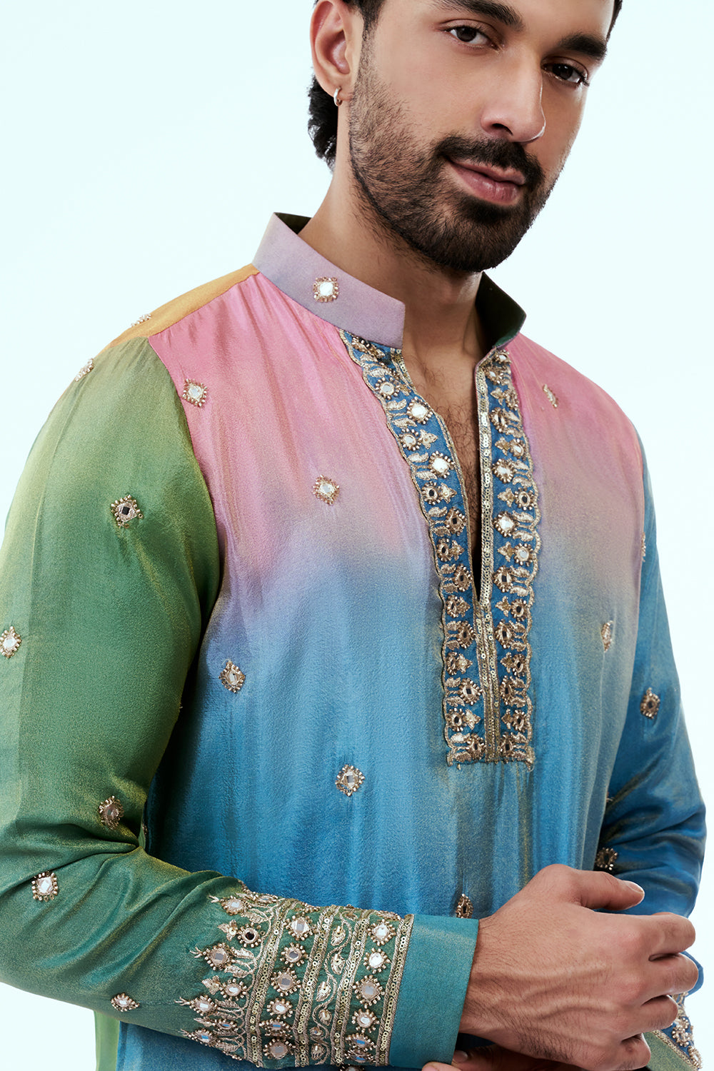 Sky Blue Ombre Shimmer Tissue Mens Kurta Set with Zardosi and Mirror Work
