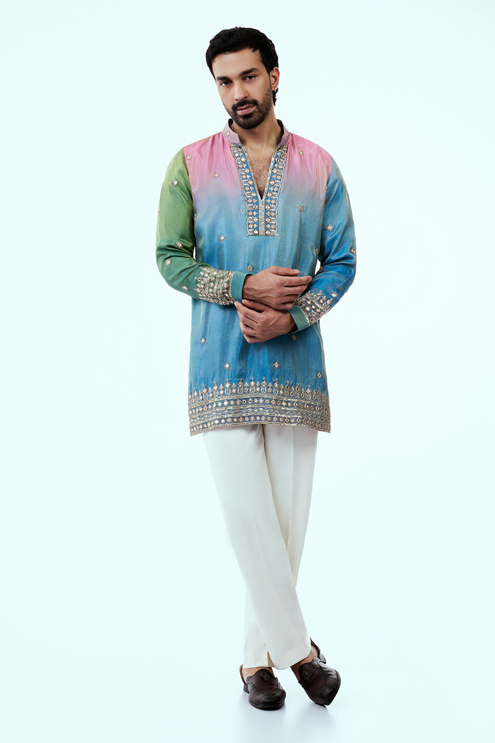 Sky Blue Ombre Shimmer Tissue Mens Kurta Set with Zardosi and Mirror Work