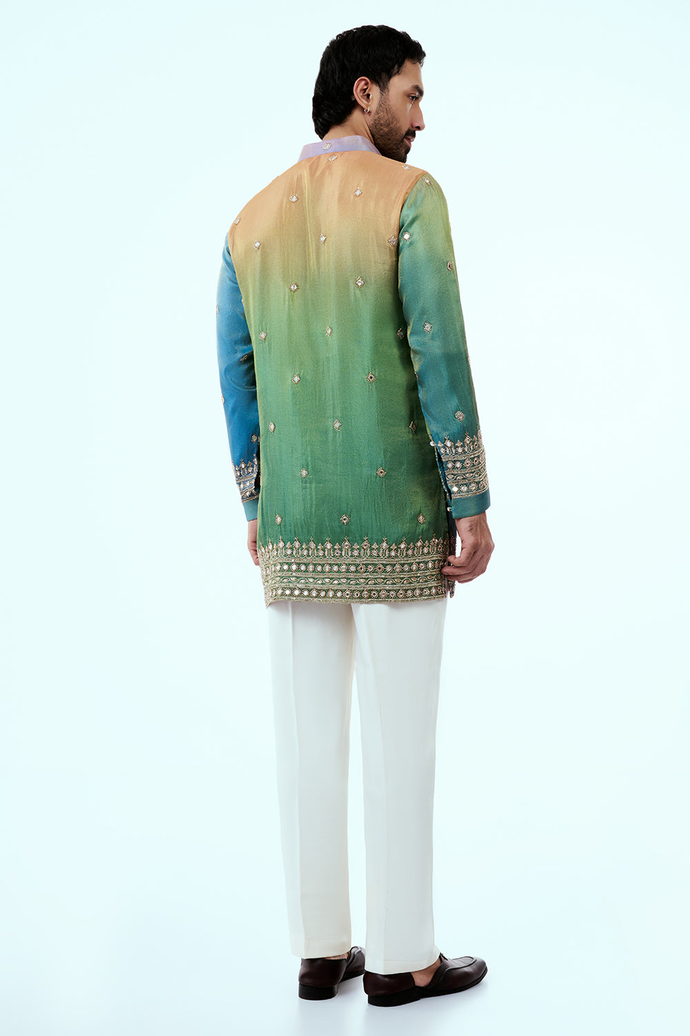 Sky Blue Ombre Shimmer Tissue Mens Kurta Set with Zardosi and Mirror Work