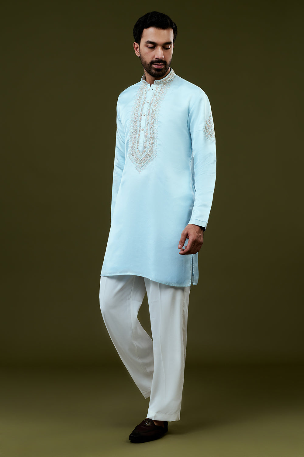 Sky Blue Silk Mens Kurta Set with Resham and Hand Embroidery