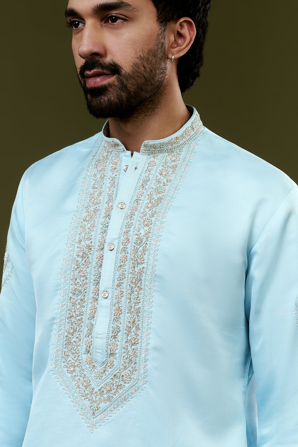 Sky Blue Silk Mens Kurta Set with Resham and Hand Embroidery