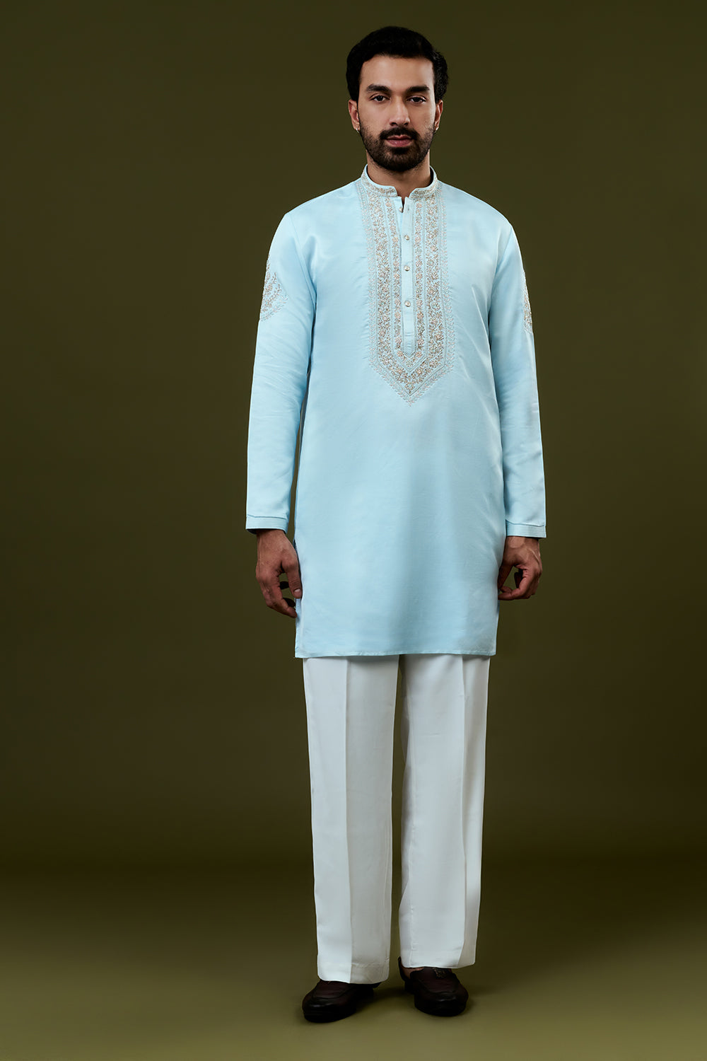 Sky Blue Silk Mens Kurta Set with Resham and Hand Embroidery