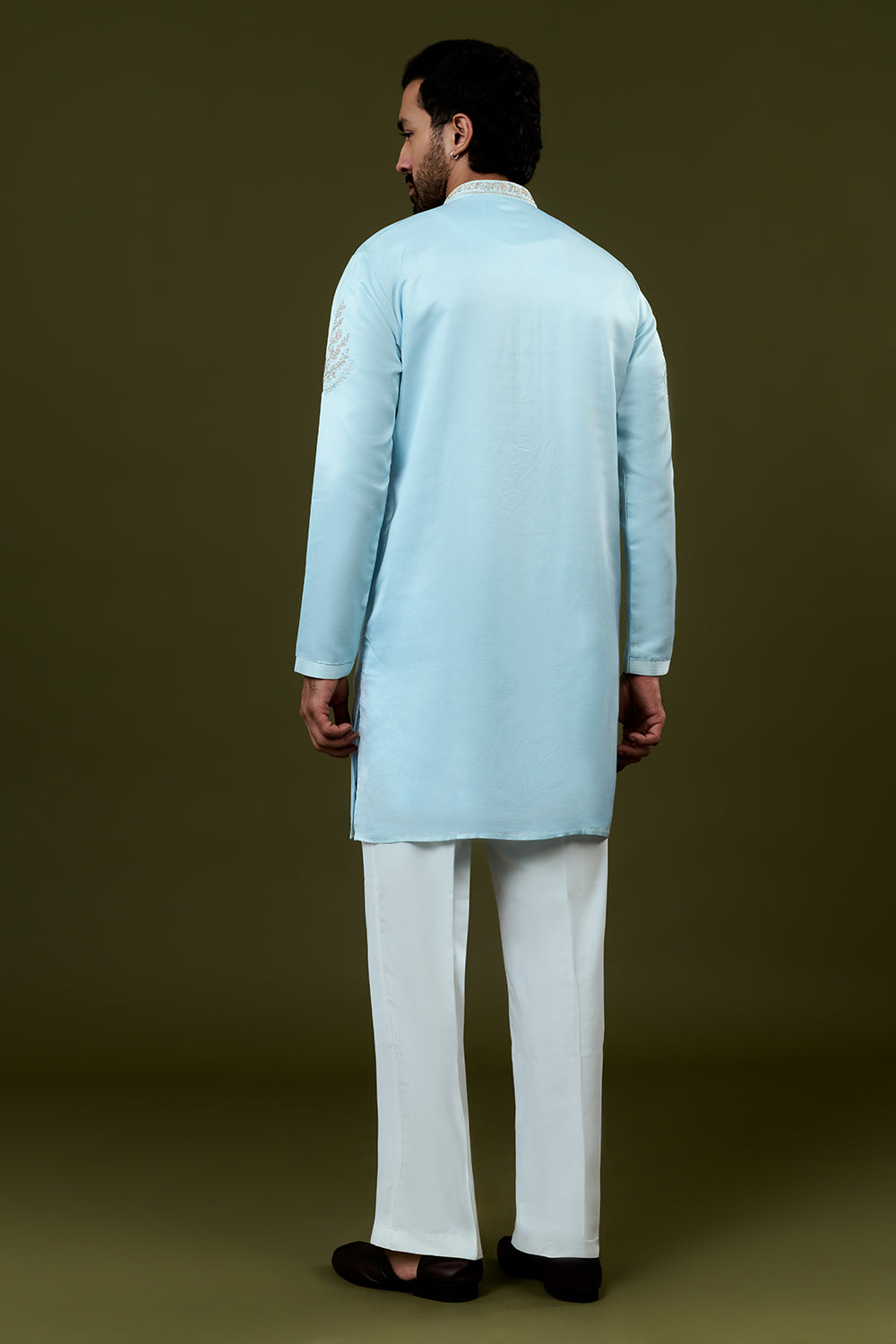 Sky Blue Silk Mens Kurta Set with Resham and Hand Embroidery