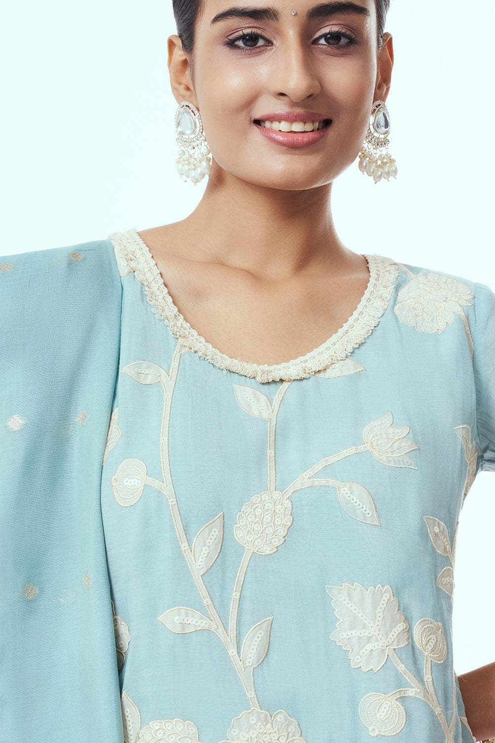 Sky Blue Tissue Kurta Set with Applique Work