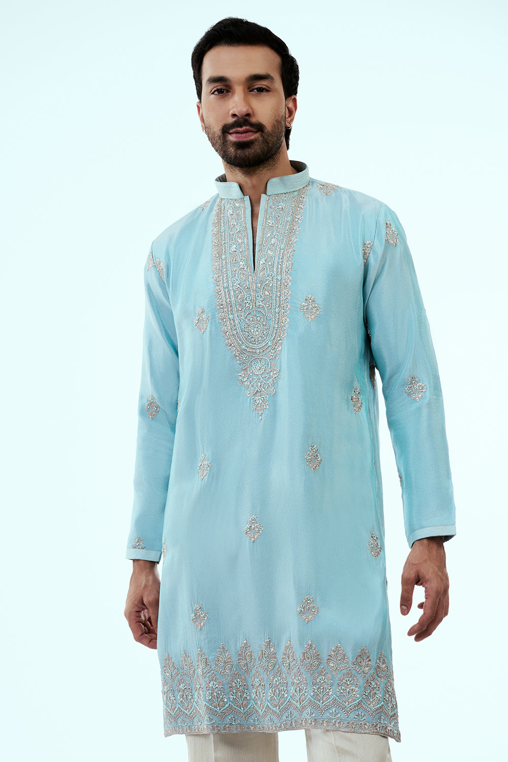Sky Blue Tissue Mens Kurta Set with Resham and Zari Work