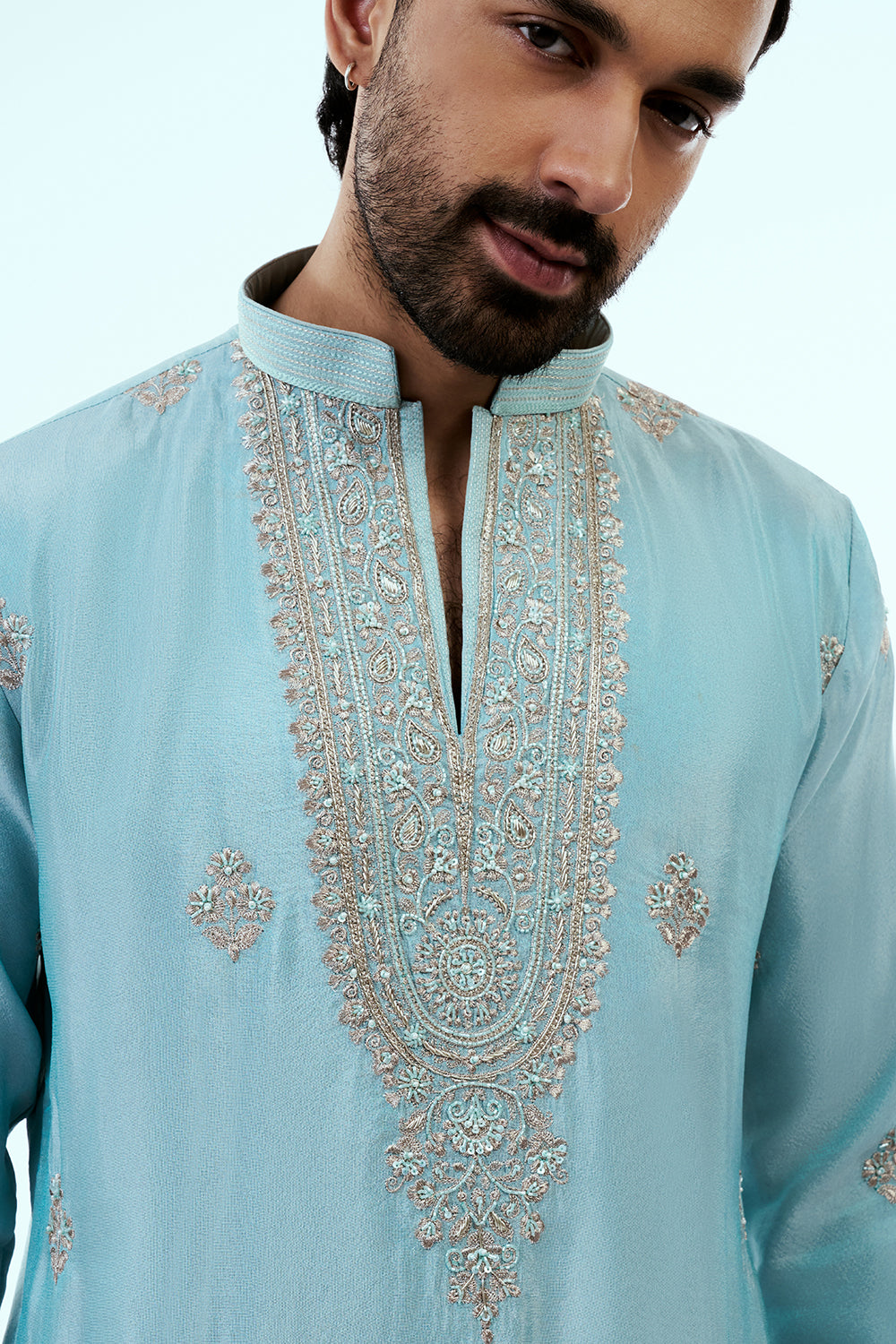 Sky Blue Tissue Mens Kurta Set with Resham and Zari Work