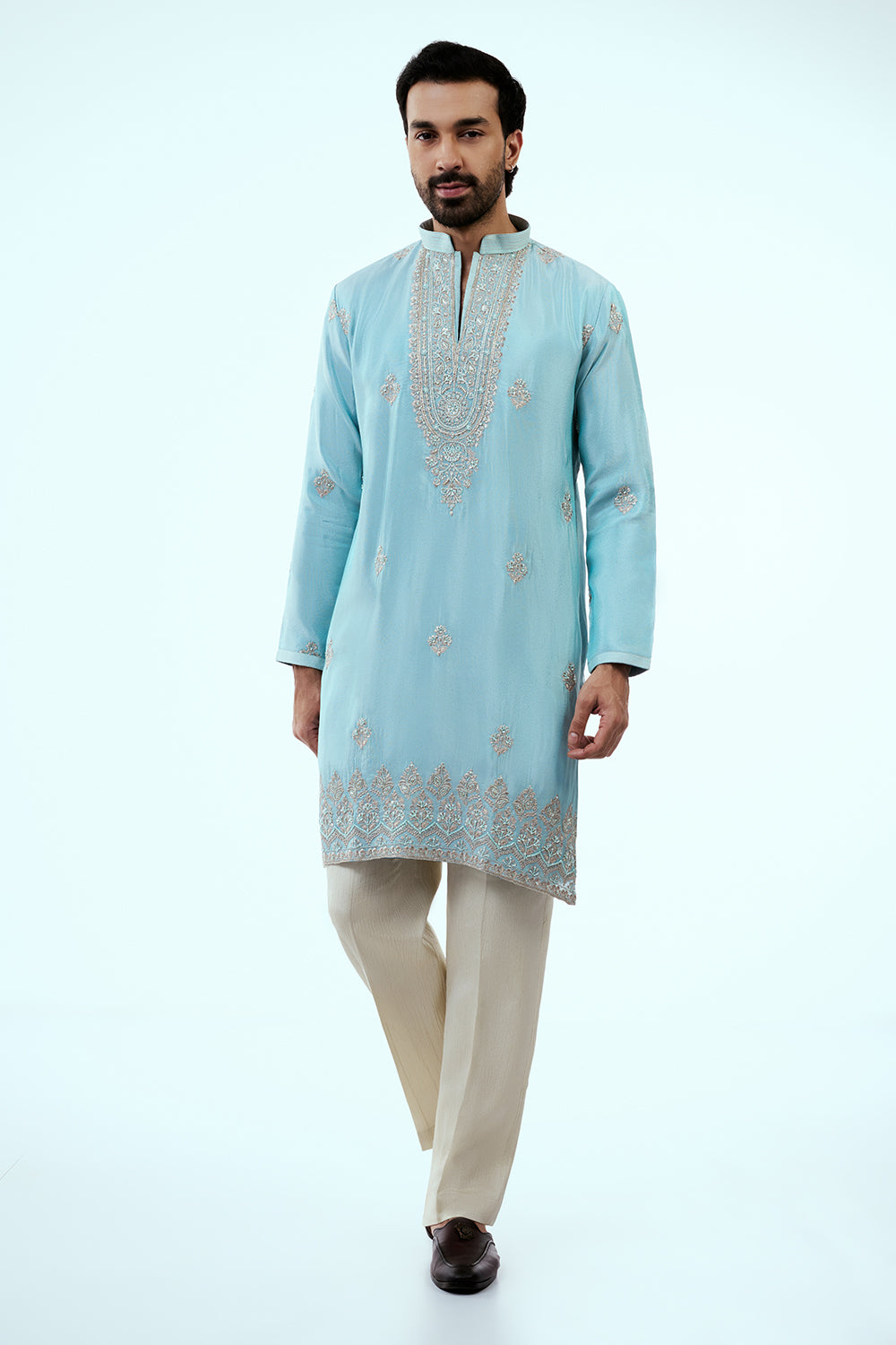 Sky Blue Tissue Mens Kurta Set with Resham and Zari Work
