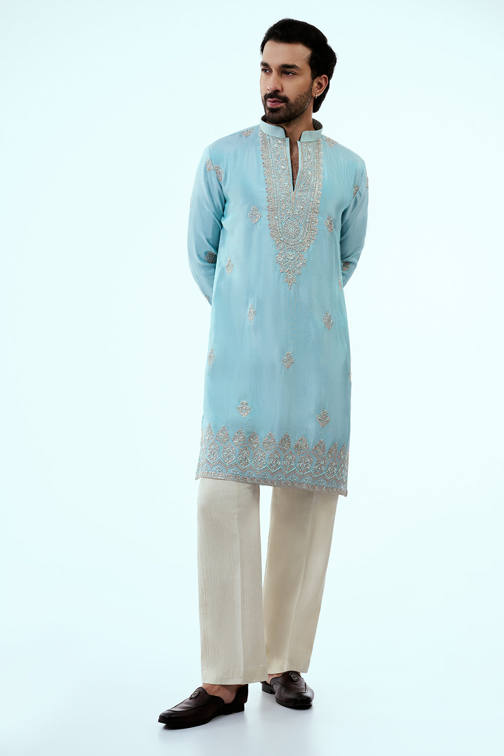 Sky Blue Tissue Mens Kurta Set with Resham and Zari Work