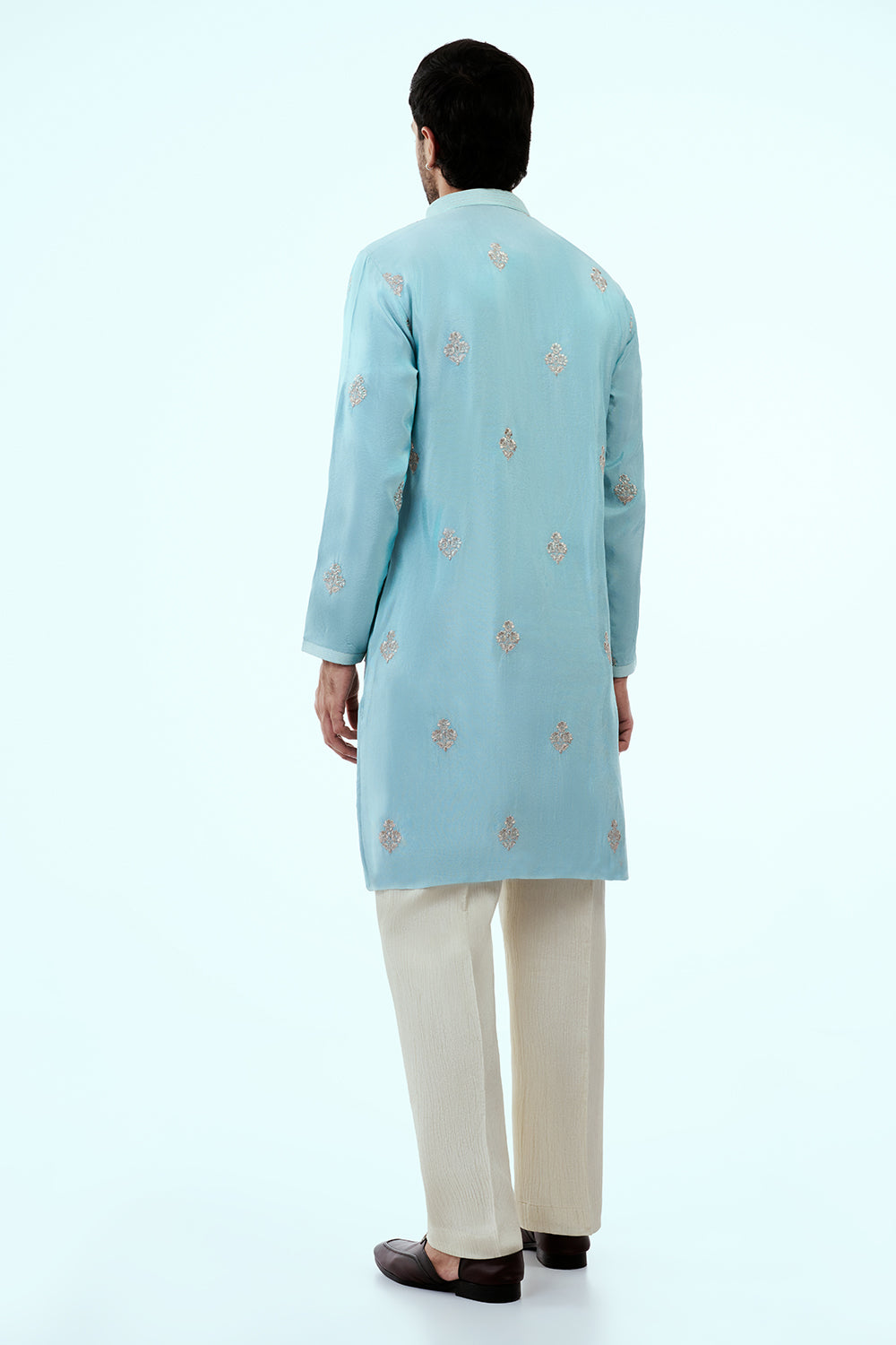 Sky Blue Tissue Mens Kurta Set with Resham and Zari Work