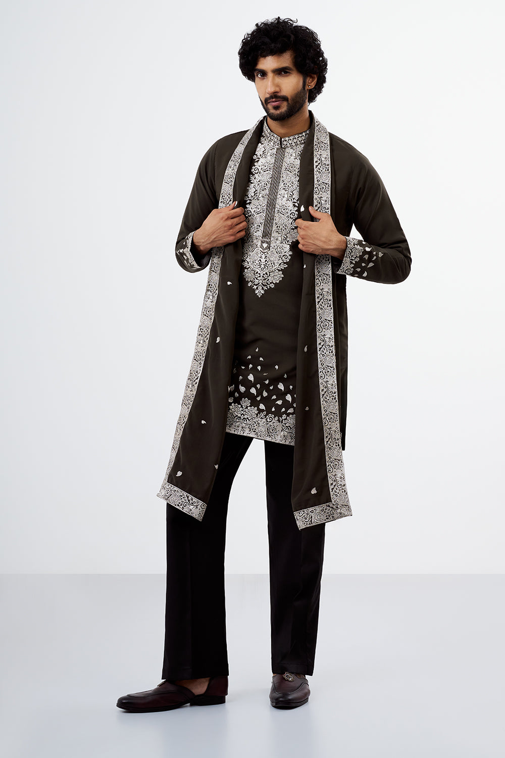 Slate Grey Zari Work Polyester Cotton Men's Kurta Set