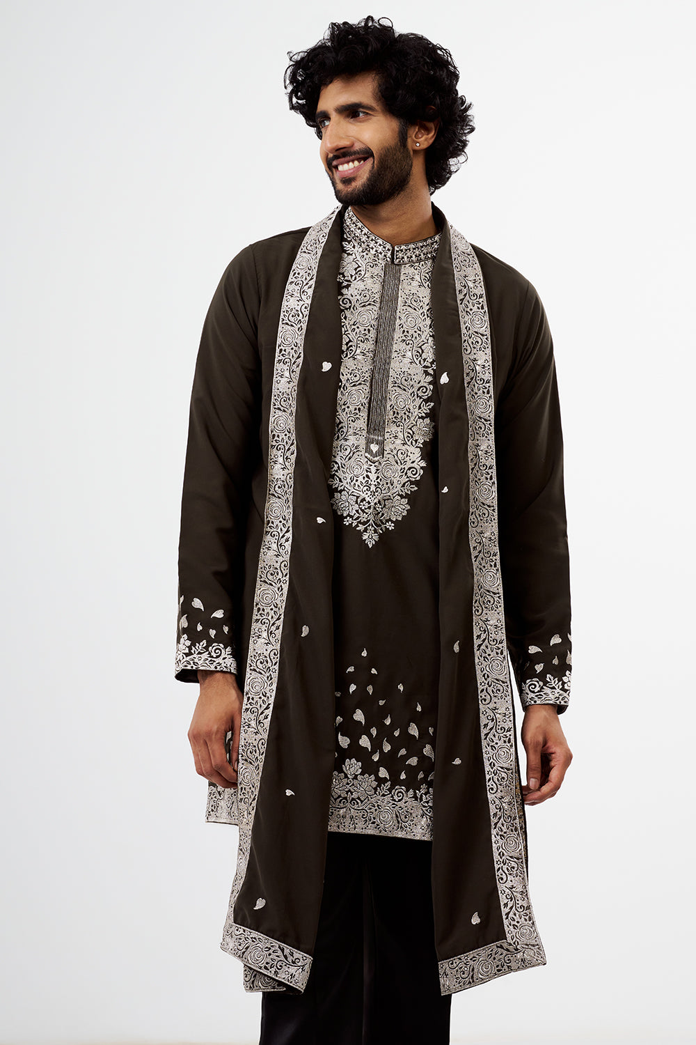 Slate Grey Zari Work Polyester Cotton Men's Kurta Set