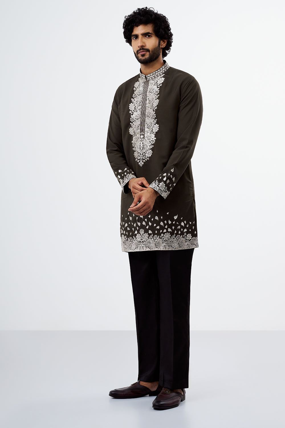 Slate Grey Zari Work Polyester Cotton Men's Kurta Set