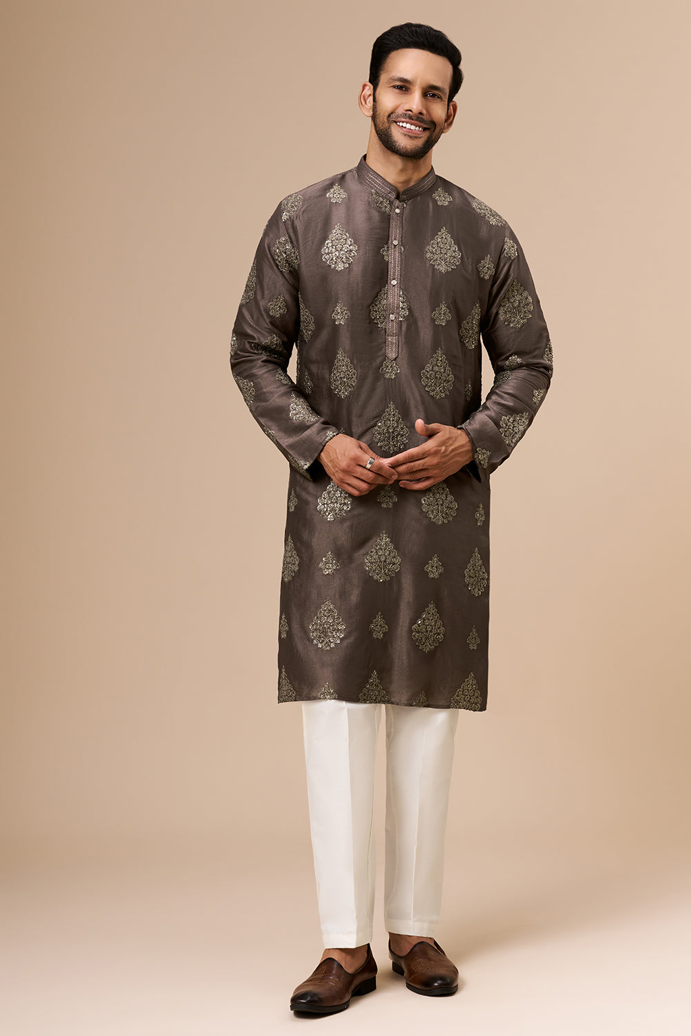 Smoky Brown Art Silk Mens Kurta Set with Zari and Sequin Work