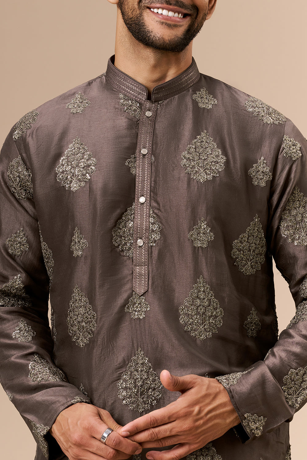 Smoky Brown Art Silk Mens Kurta Set with Zari and Sequin Work
