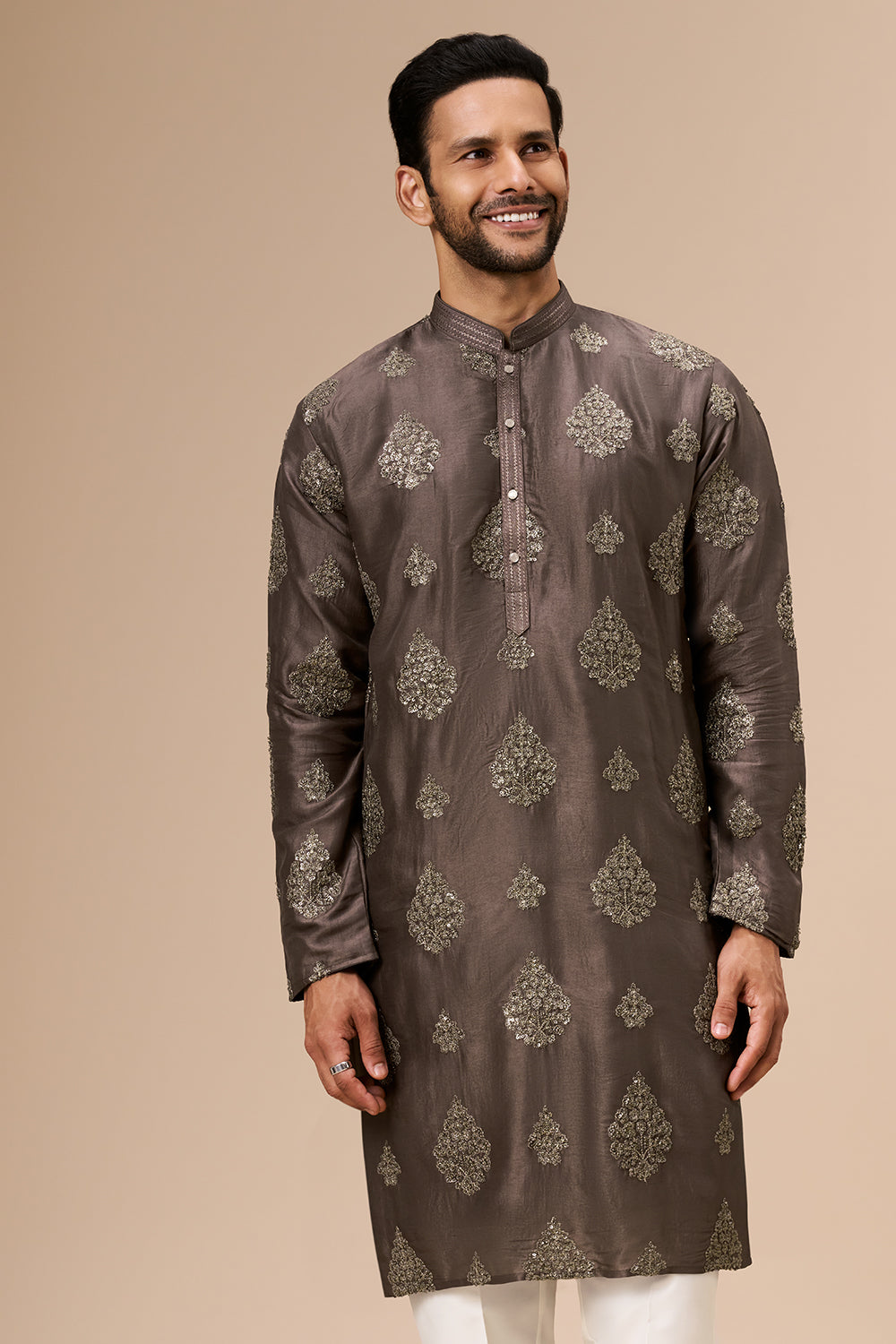 Smoky Brown Art Silk Mens Kurta Set with Zari and Sequin Work