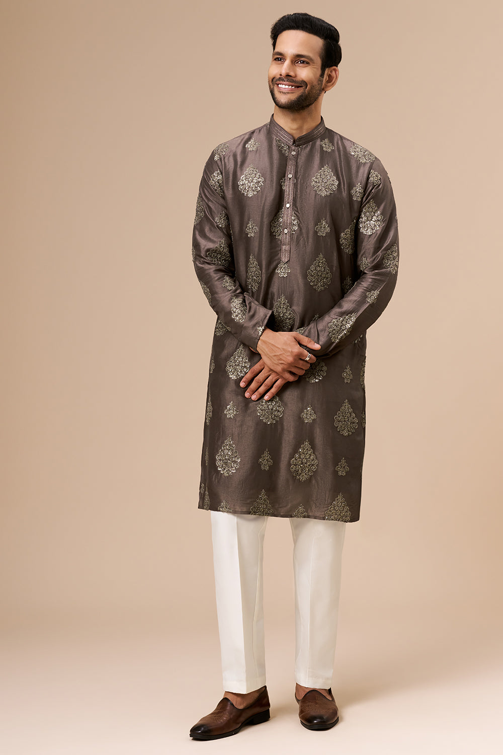 Smoky Brown Art Silk Mens Kurta Set with Zari and Sequin Work