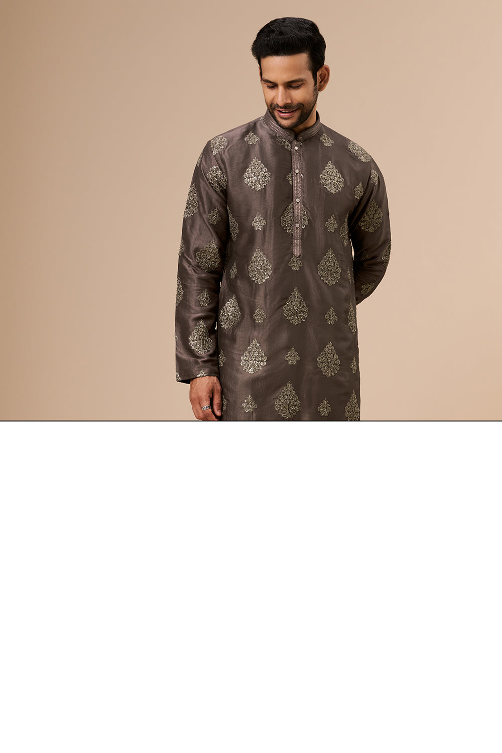 Smoky Brown Art Silk Mens Kurta Set with Zari and Sequin Work
