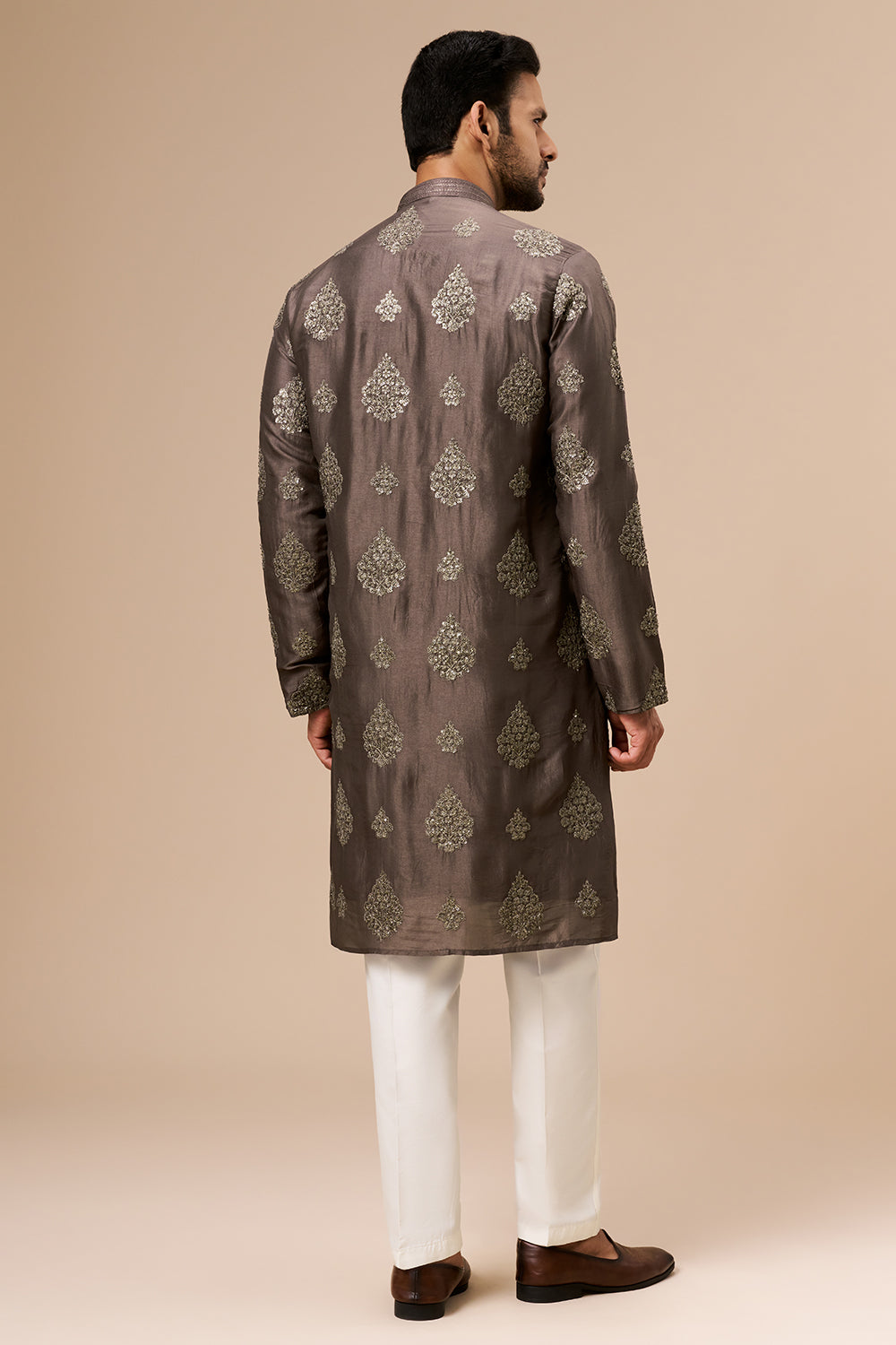 Smoky Brown Art Silk Mens Kurta Set with Zari and Sequin Work