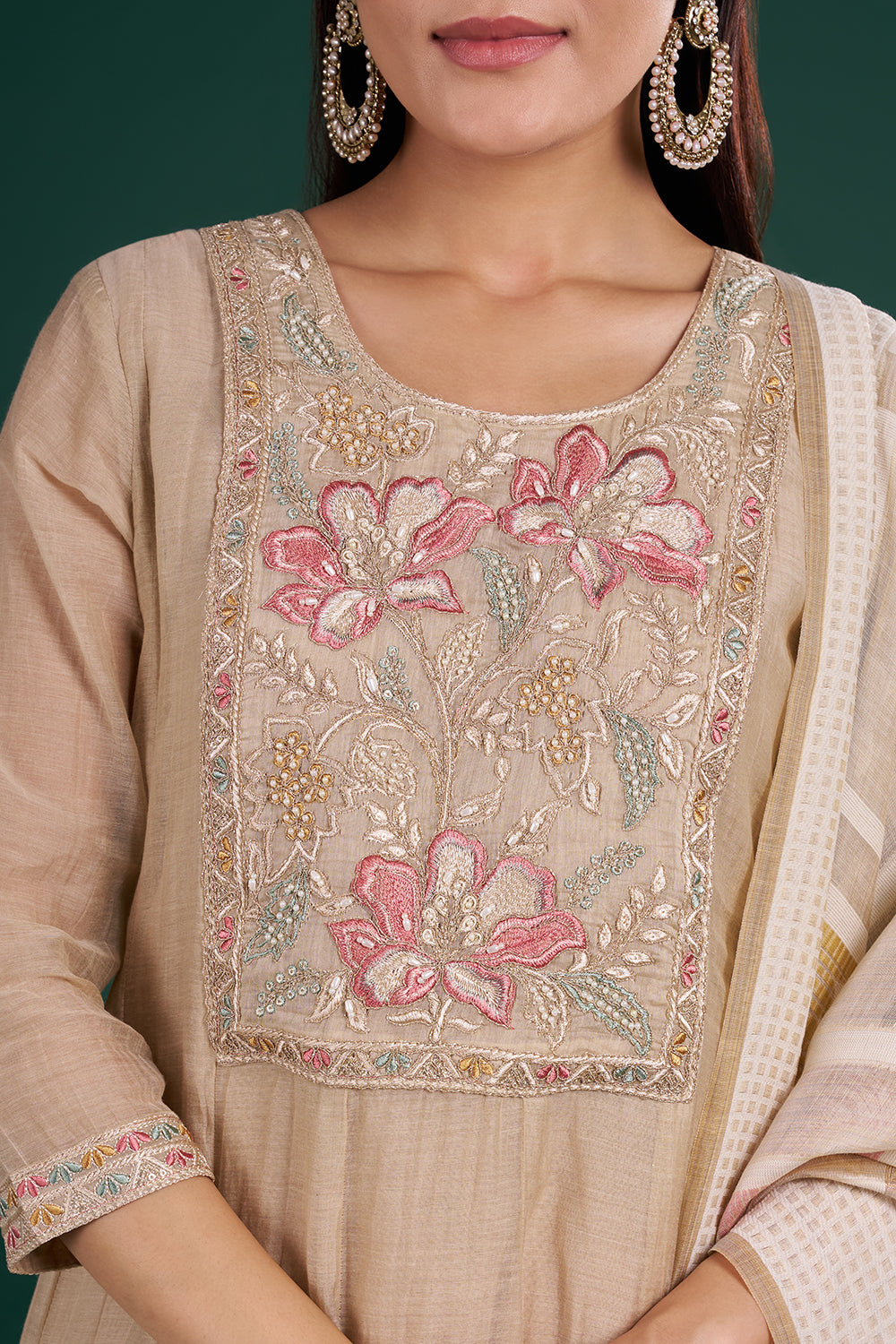 Soft Beige Muslin Kurta Set with Floral Embroidery