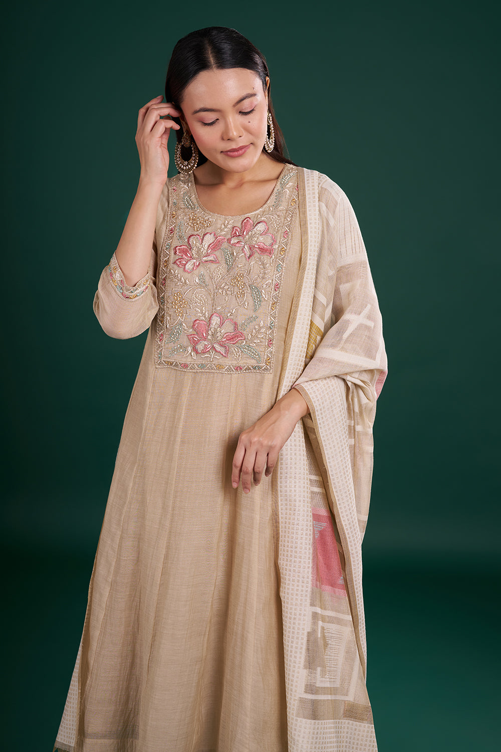 Soft Beige Muslin Kurta Set with Floral Embroidery