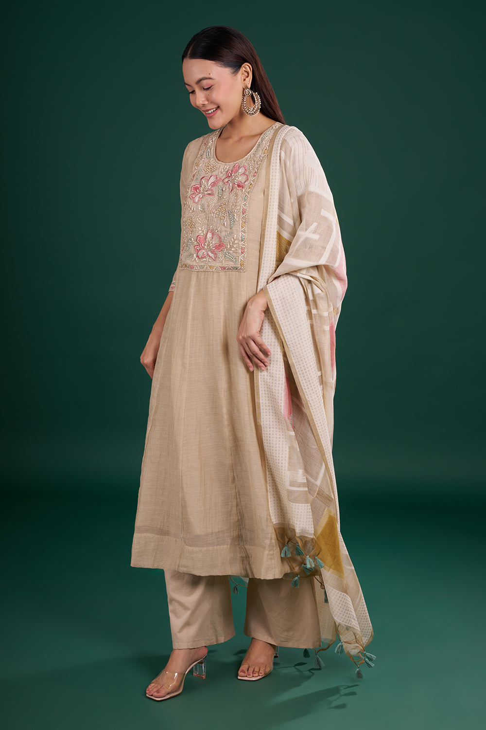 Soft Beige Muslin Kurta Set with Floral Embroidery