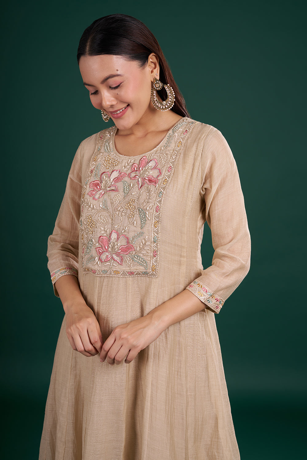 Soft Beige Muslin Kurta Set with Floral Embroidery