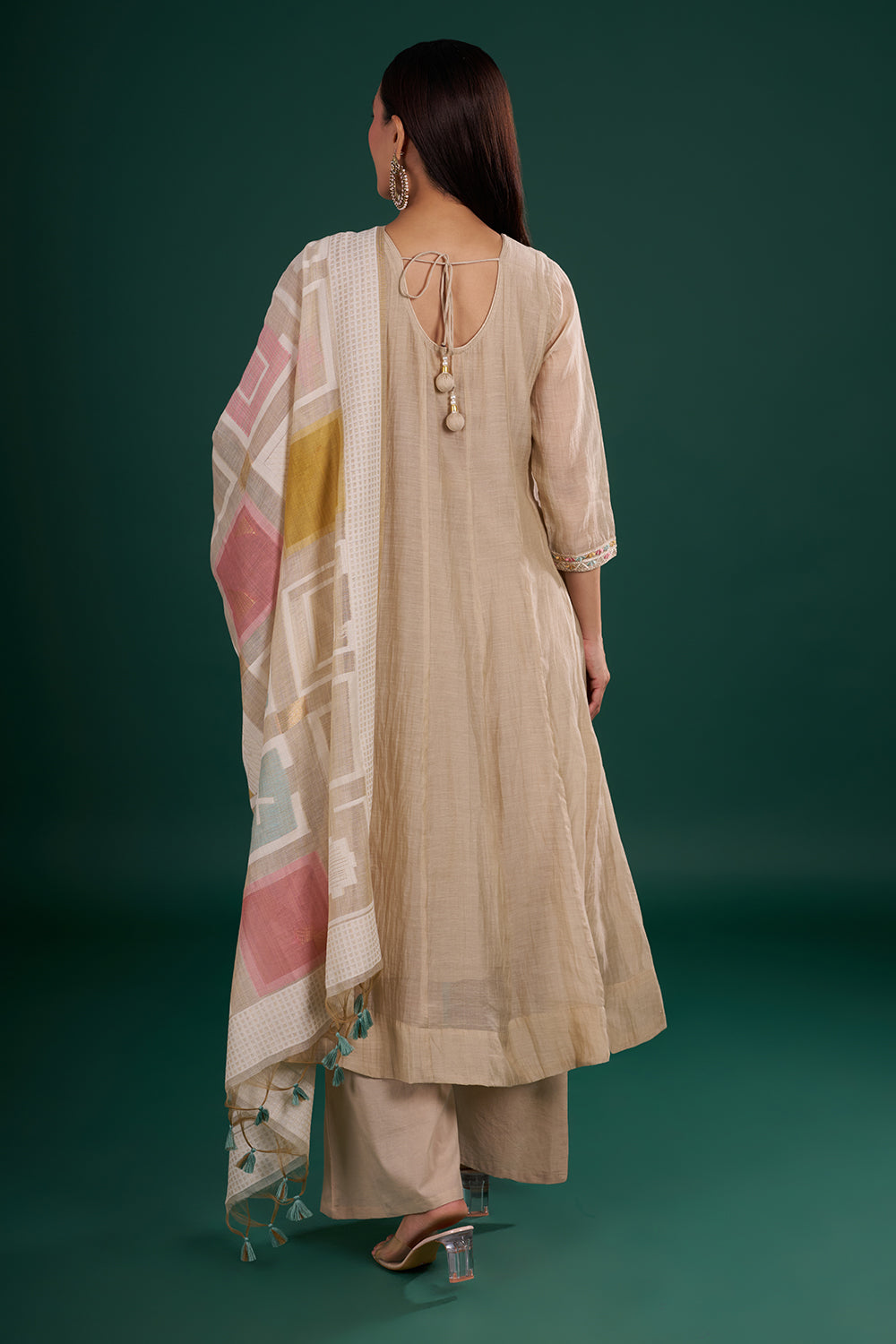 Soft Beige Muslin Kurta Set with Floral Embroidery