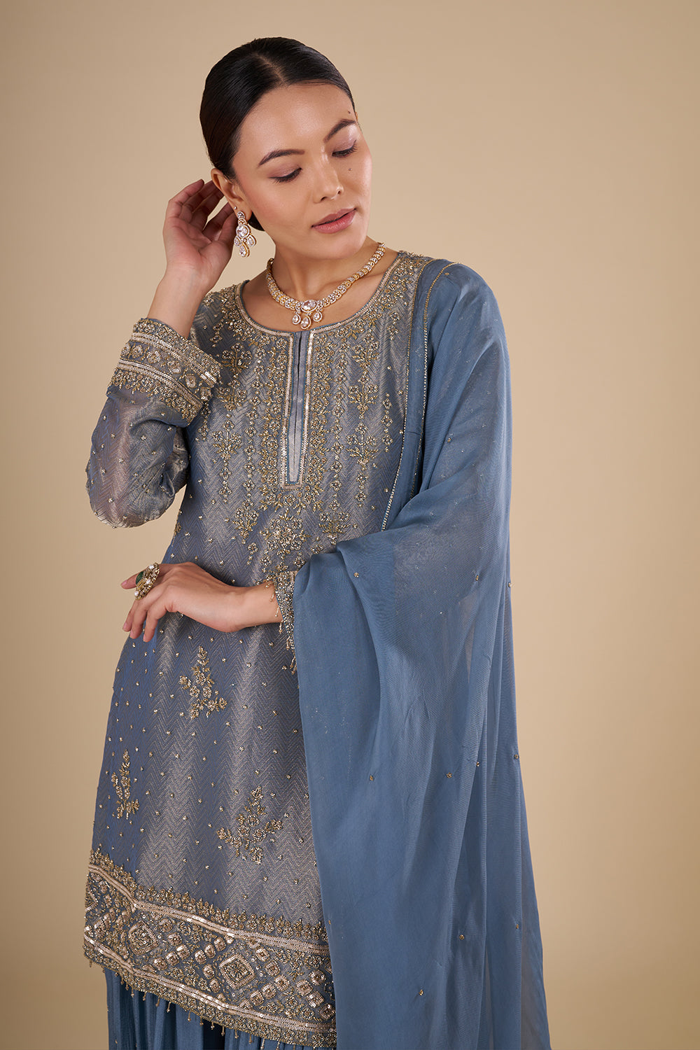 Steel Blue Silk Blend Kurta Sharara Set