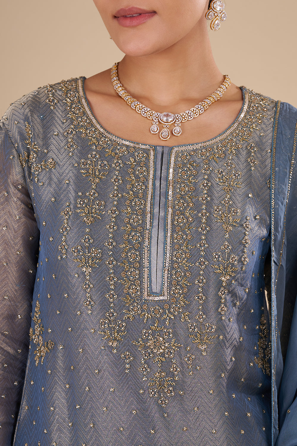 Steel Blue Silk Blend Kurta Sharara Set