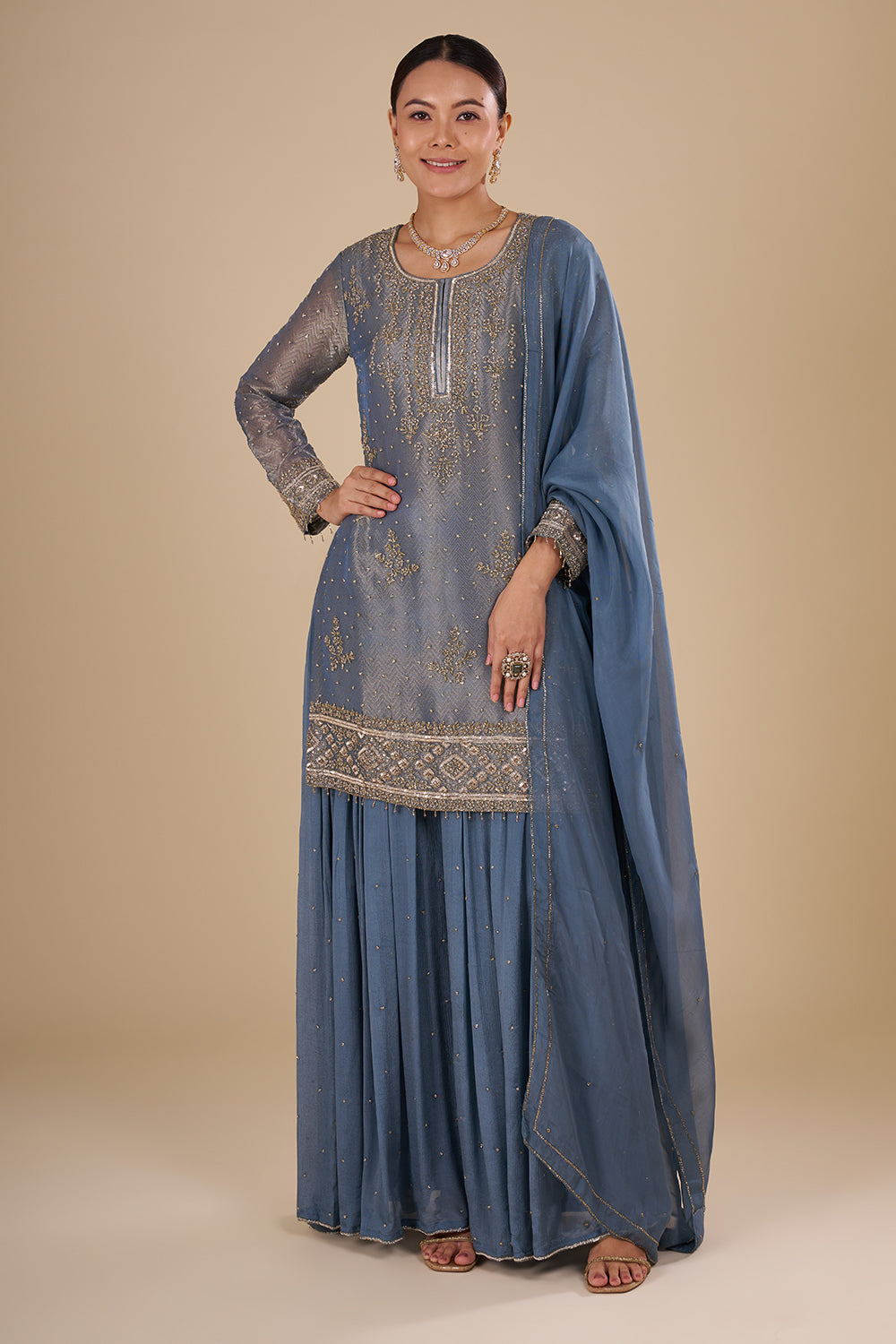 Steel Blue Silk Blend Kurta Sharara Set