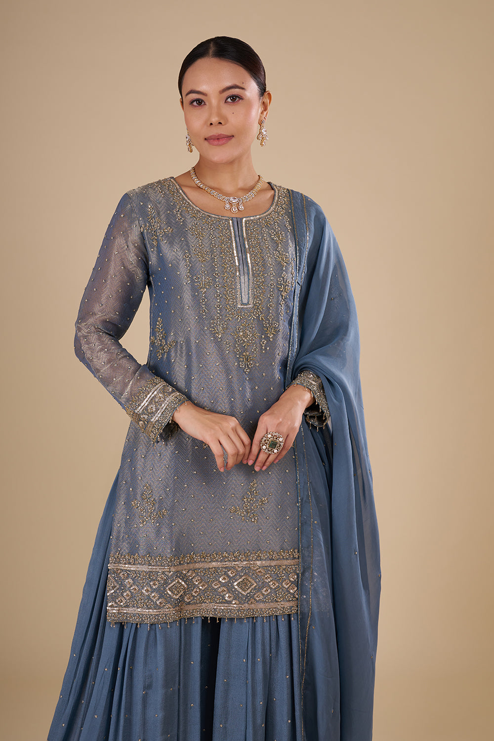Steel Blue Silk Blend Kurta Sharara Set
