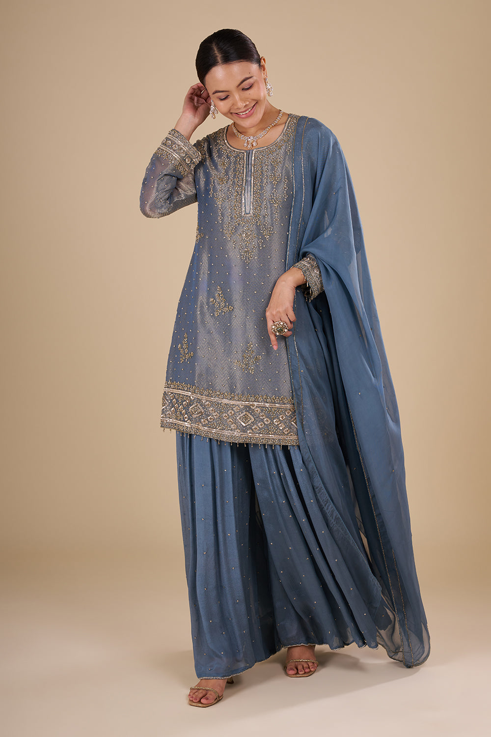 Steel Blue Silk Blend Kurta Sharara Set