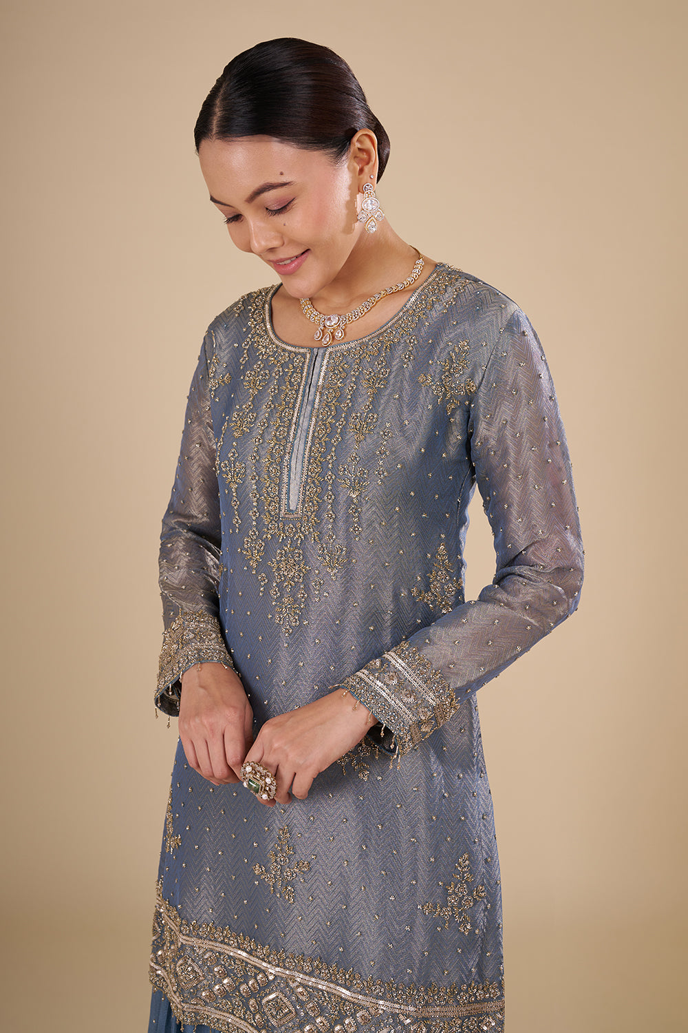 Steel Blue Silk Blend Kurta Sharara Set