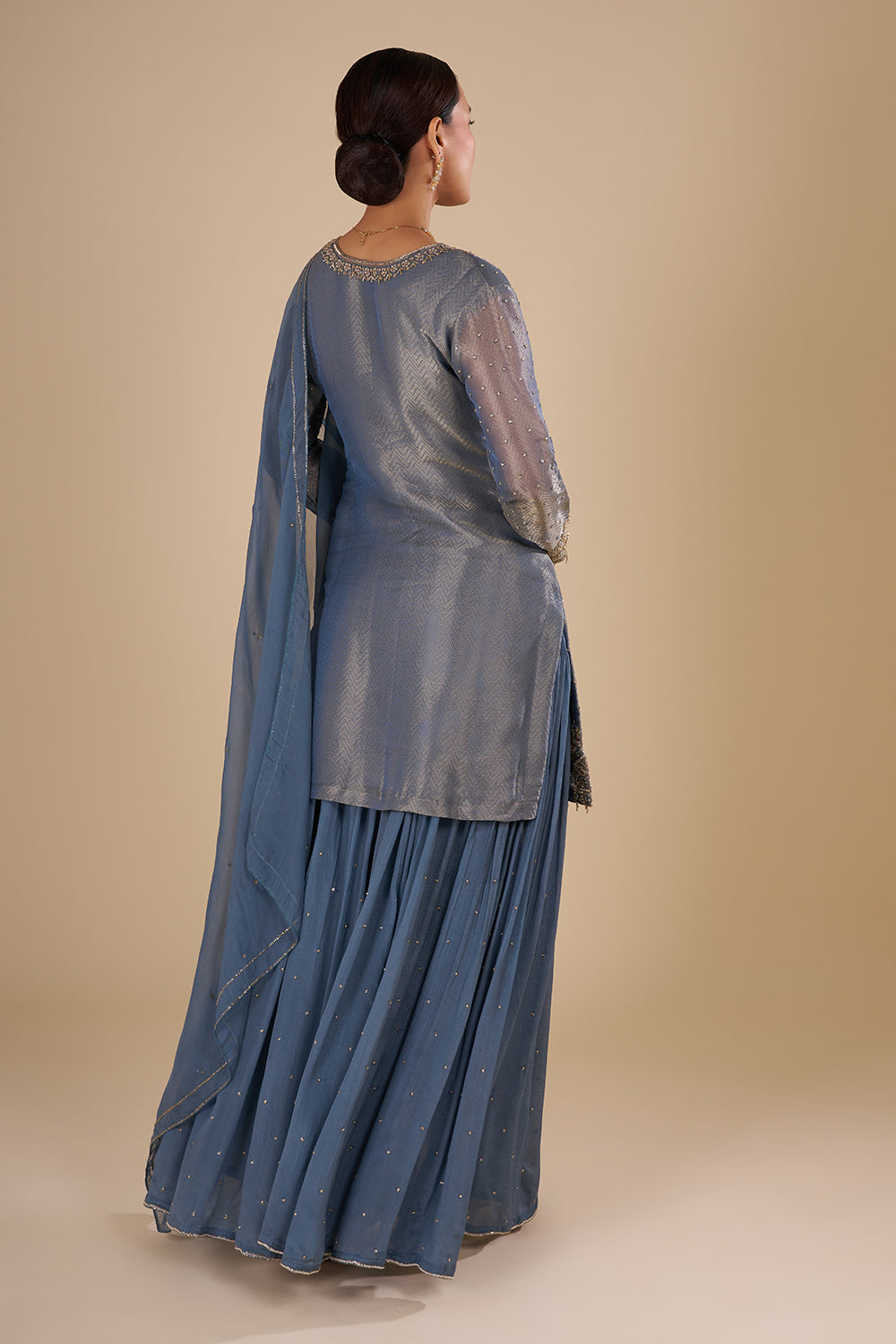 Steel Blue Silk Blend Kurta Sharara Set