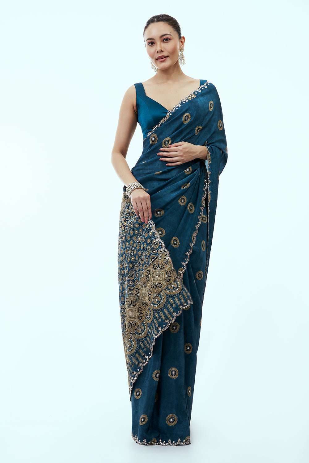 Steel Blue Silk Printed Saree with Mirror Work and Unstitched Blouse