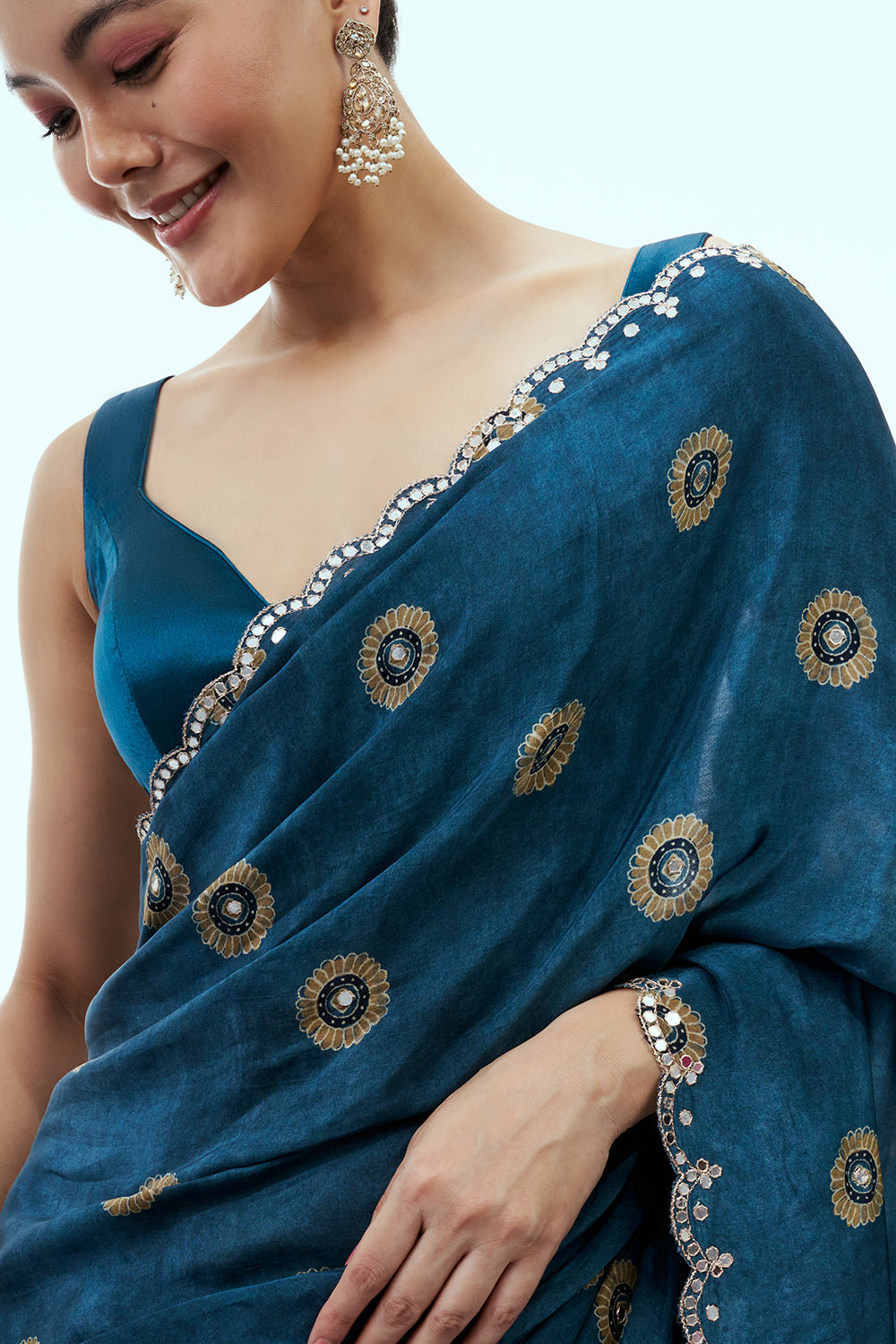 Steel Blue Silk Printed Saree with Mirror Work and Unstitched Blouse