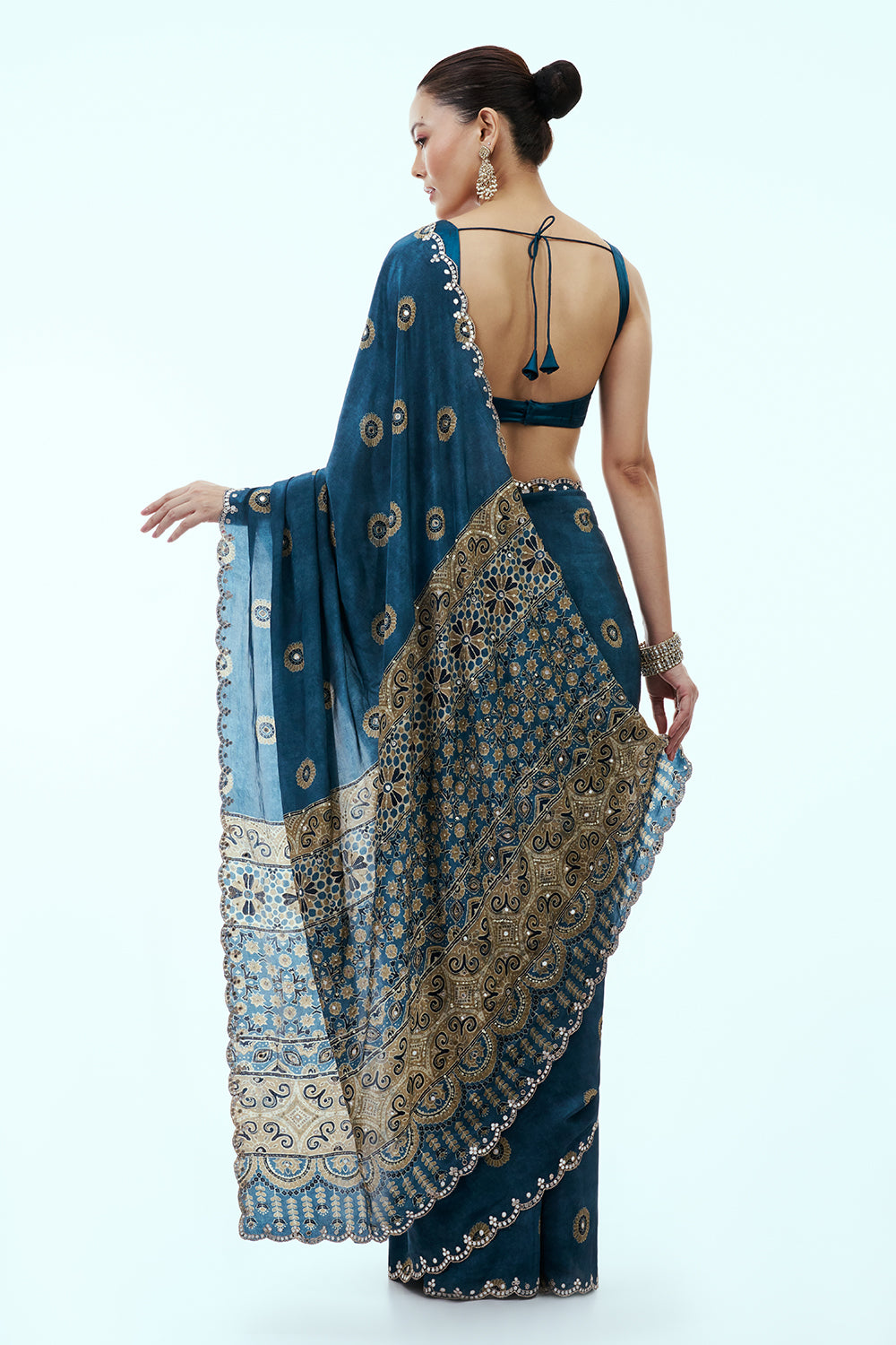 Steel Blue Silk Printed Saree with Mirror Work and Unstitched Blouse