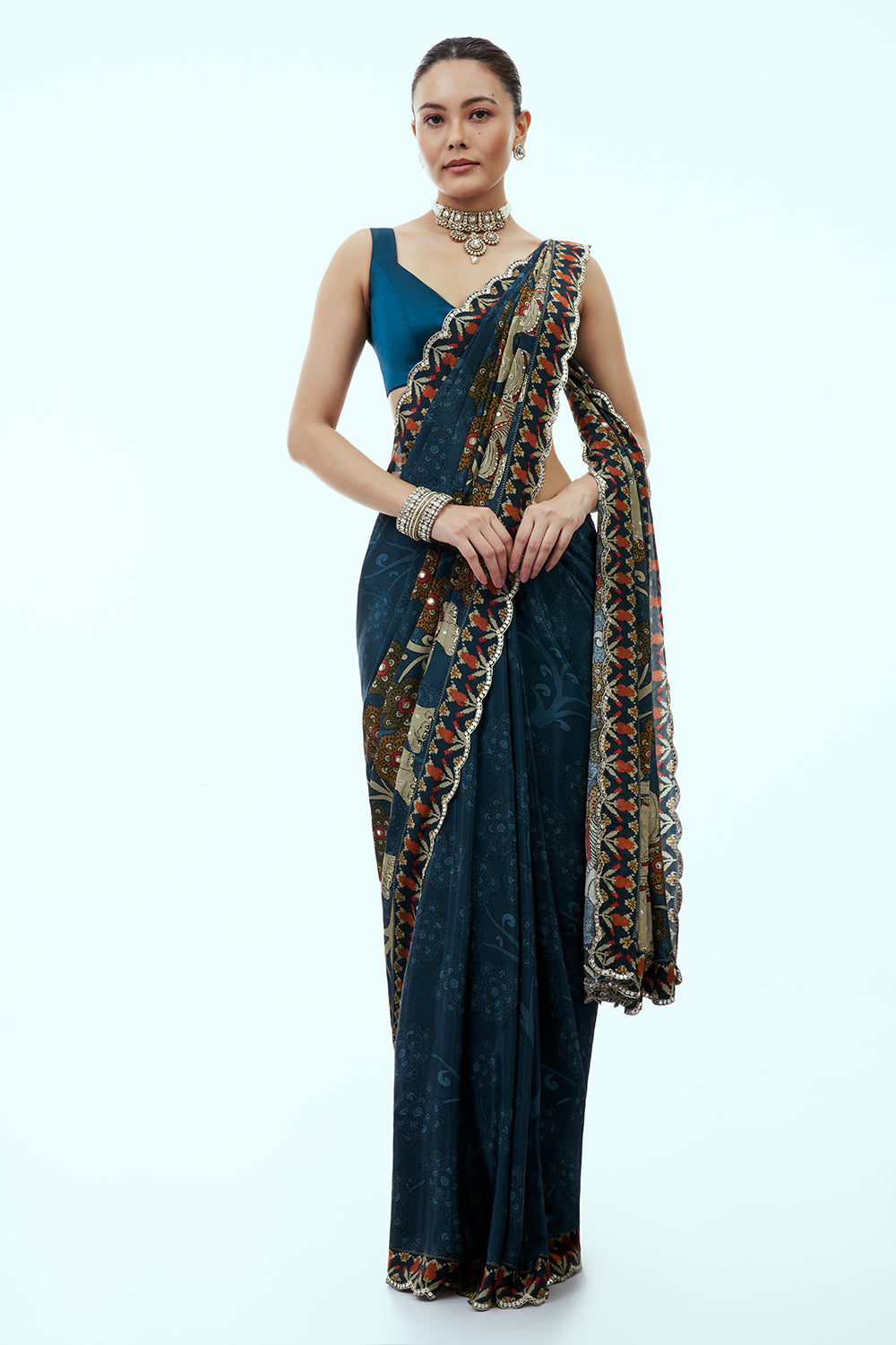 Steel Blue Silk Saree with Animal Print and Unstitched Blouse