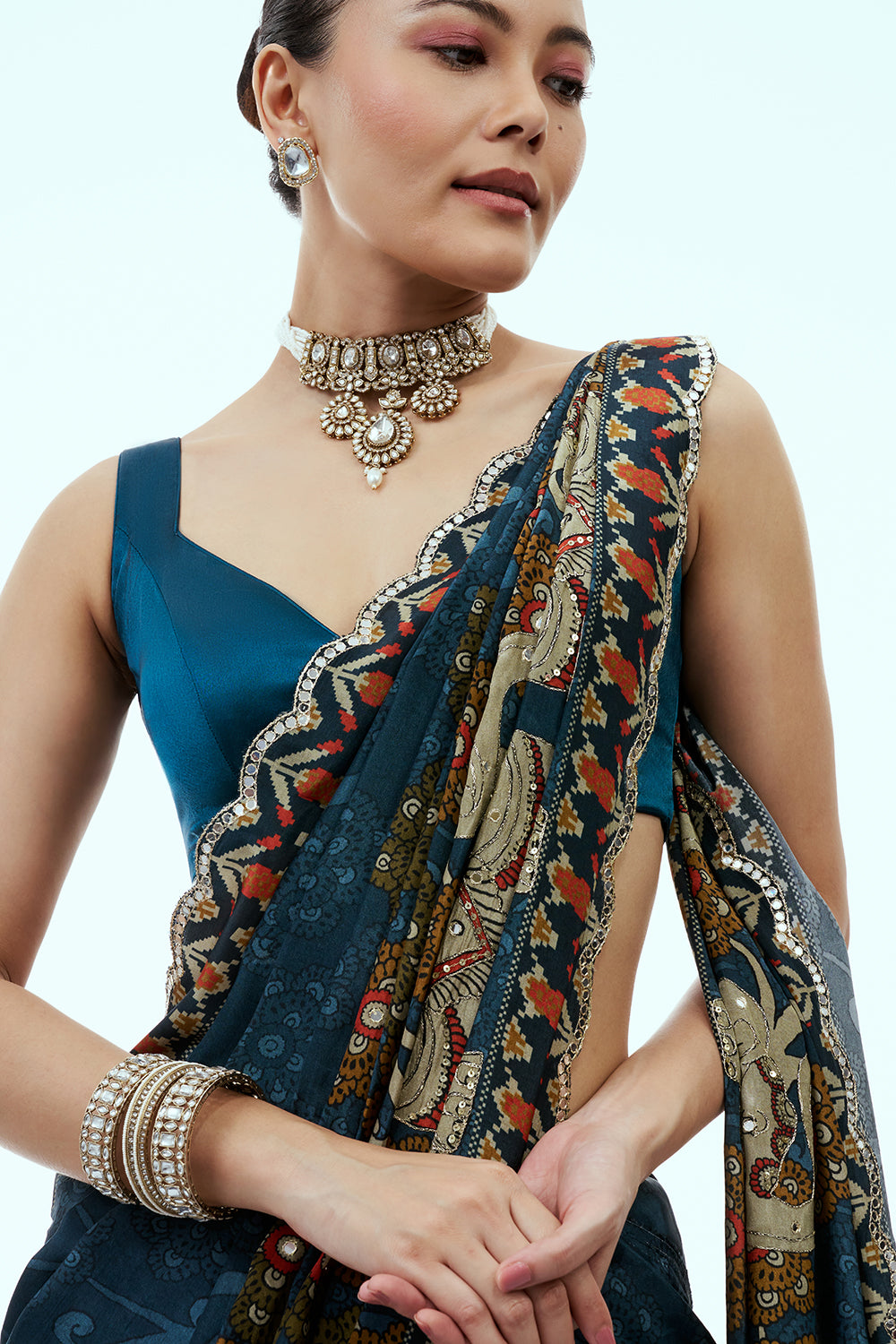Steel Blue Silk Saree with Animal Print and Unstitched Blouse