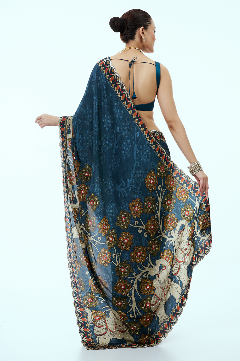 Steel Blue Silk Saree with Animal Print and Unstitched Blouse
