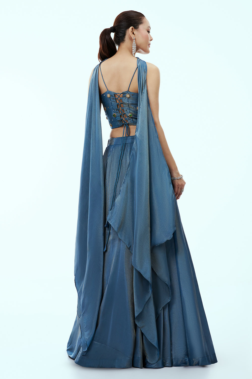 Steel Blue Tissue Lehenga Set with Rhinestone Embellishements