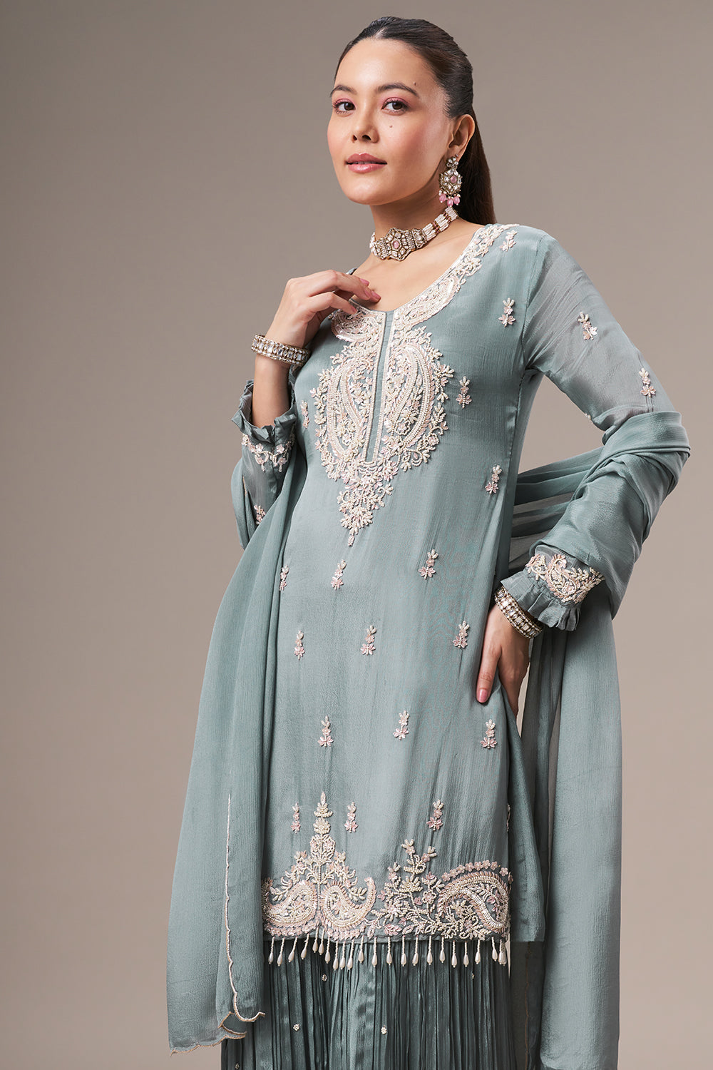 Steel Grey Chinon Sharara Suit with Pearl and Sequin Work