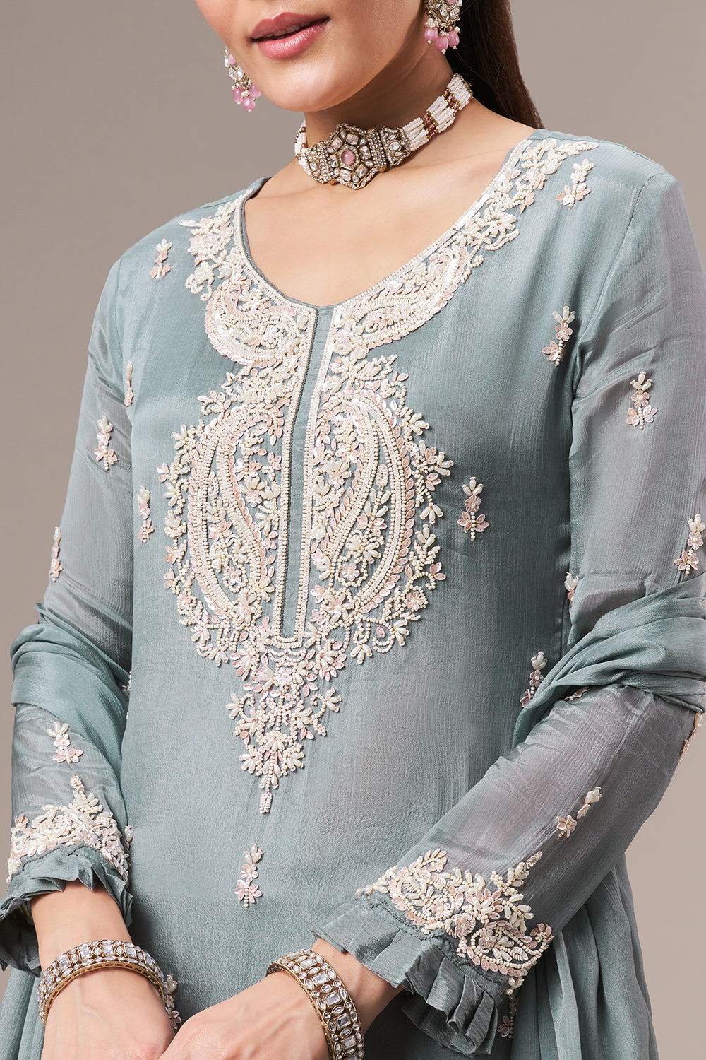Steel Grey Chinon Sharara Suit with Pearl and Sequin Work