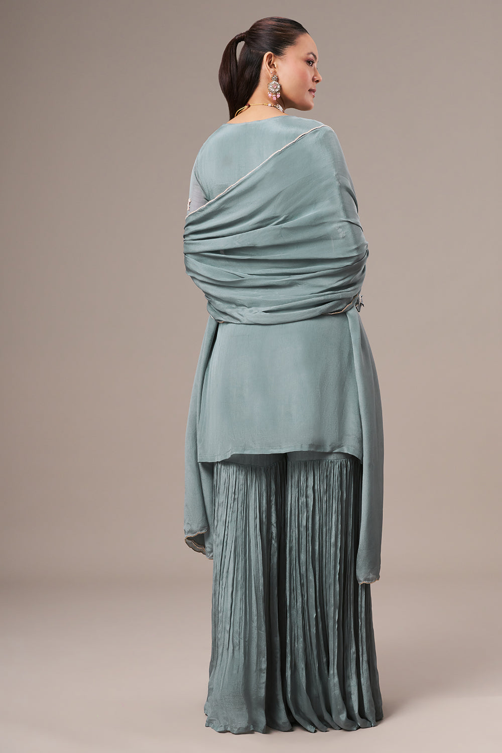 Steel Grey Chinon Sharara Suit with Pearl and Sequin Work