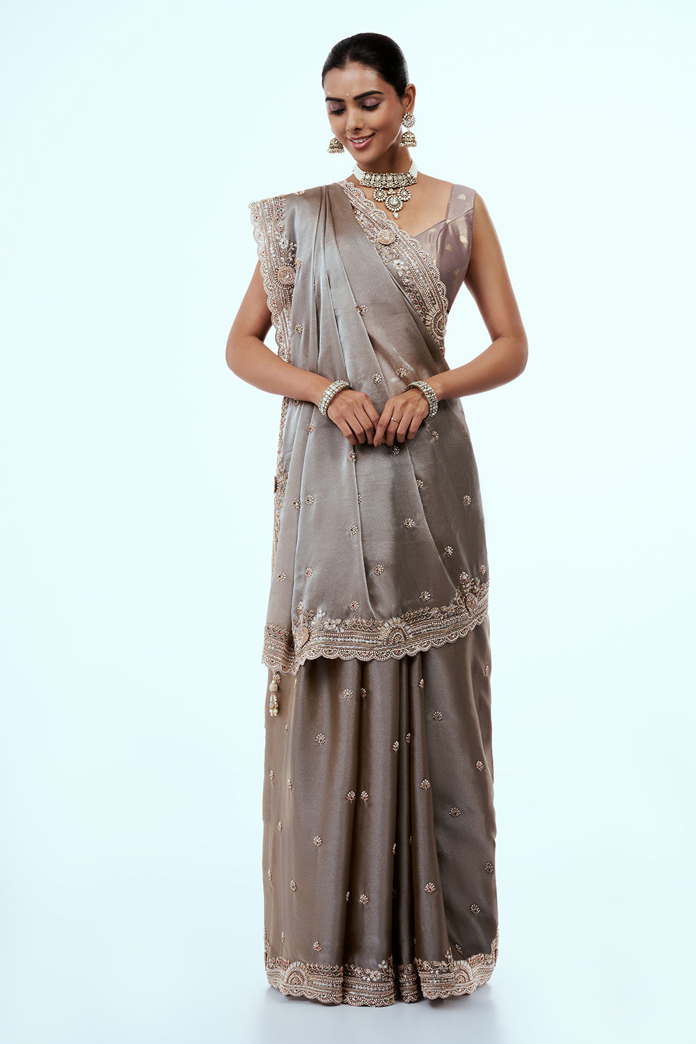 Steel Grey Organza Saree with Cutdana Work