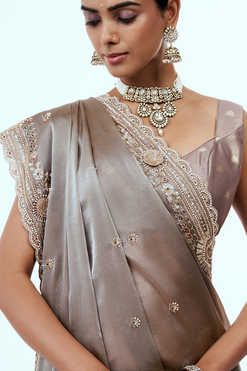 Steel Grey Organza Saree with Cutdana Work