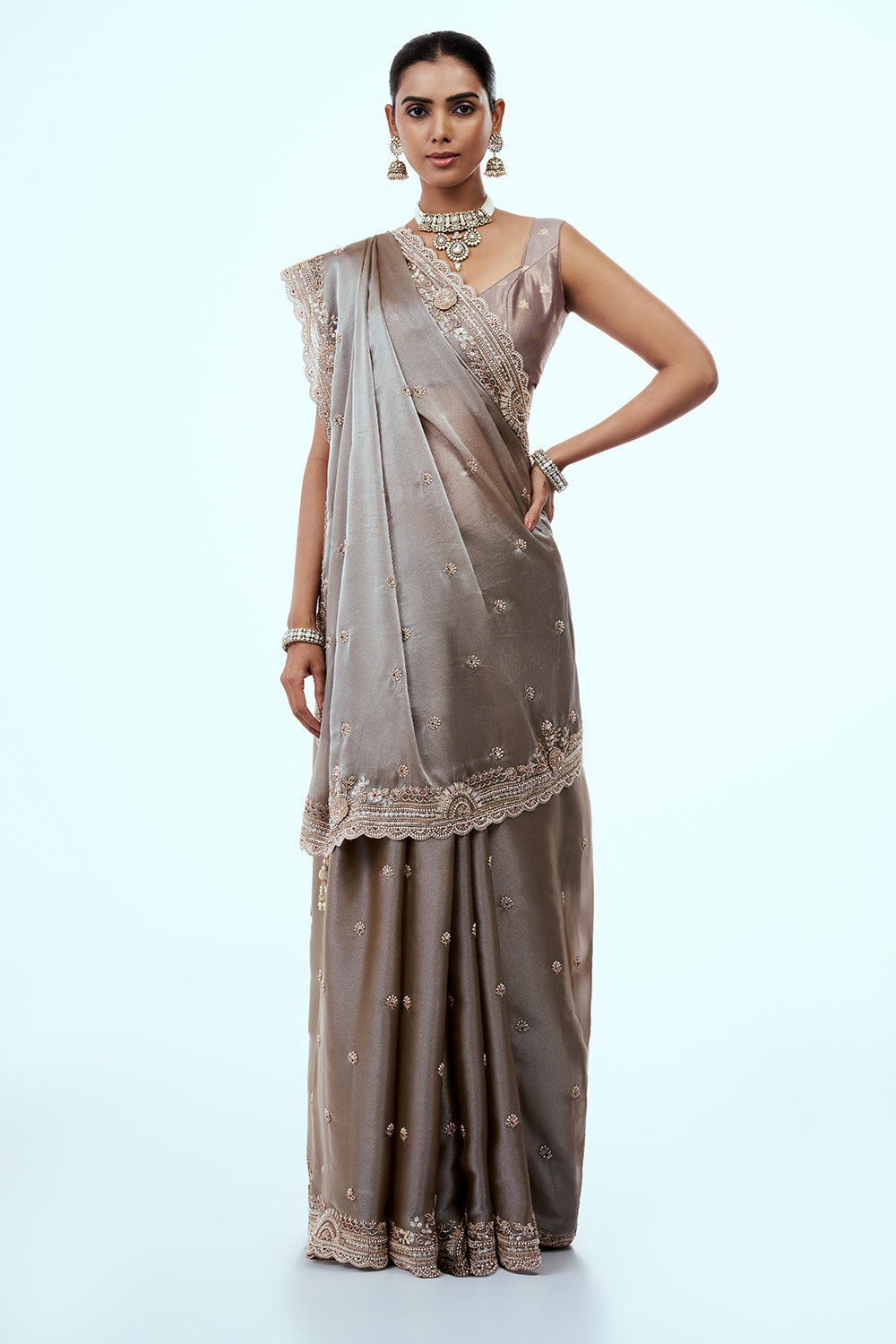 Steel Grey Organza Saree with Cutdana Work